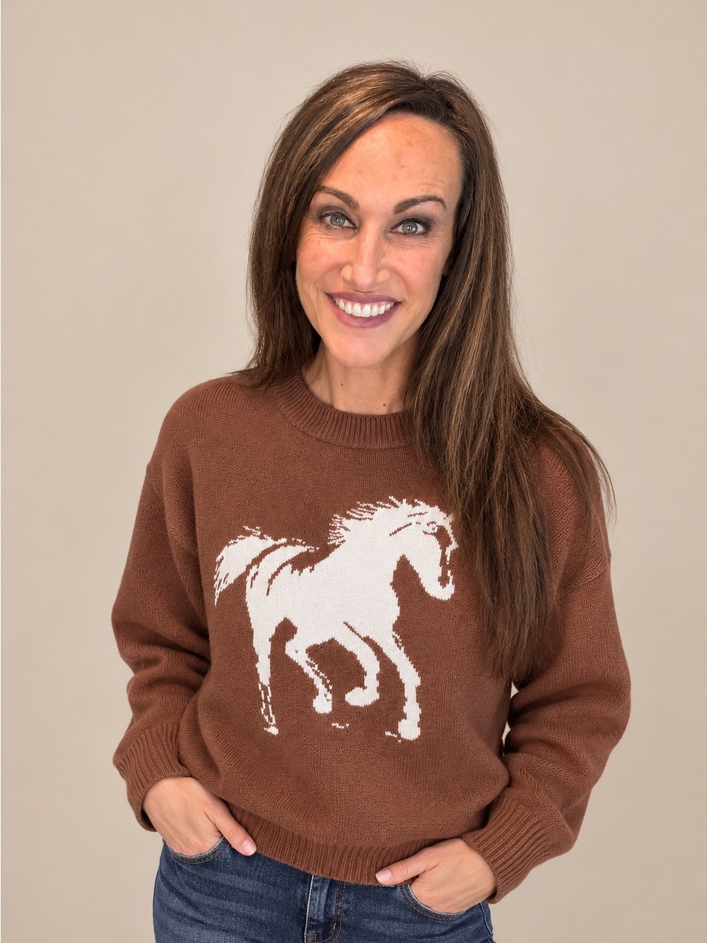 Main Strip Brown Crewneck Sweater with White Horse Intarsia